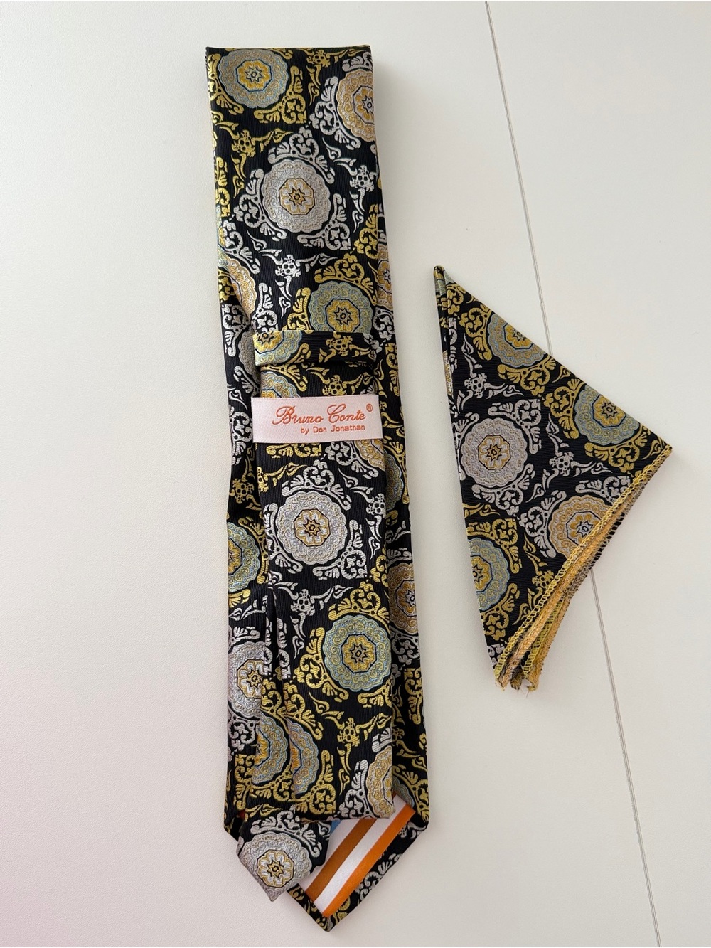 Bruno Conte Medallion Silk Tie & Pocket Square Black Gold Blue Paisley Set